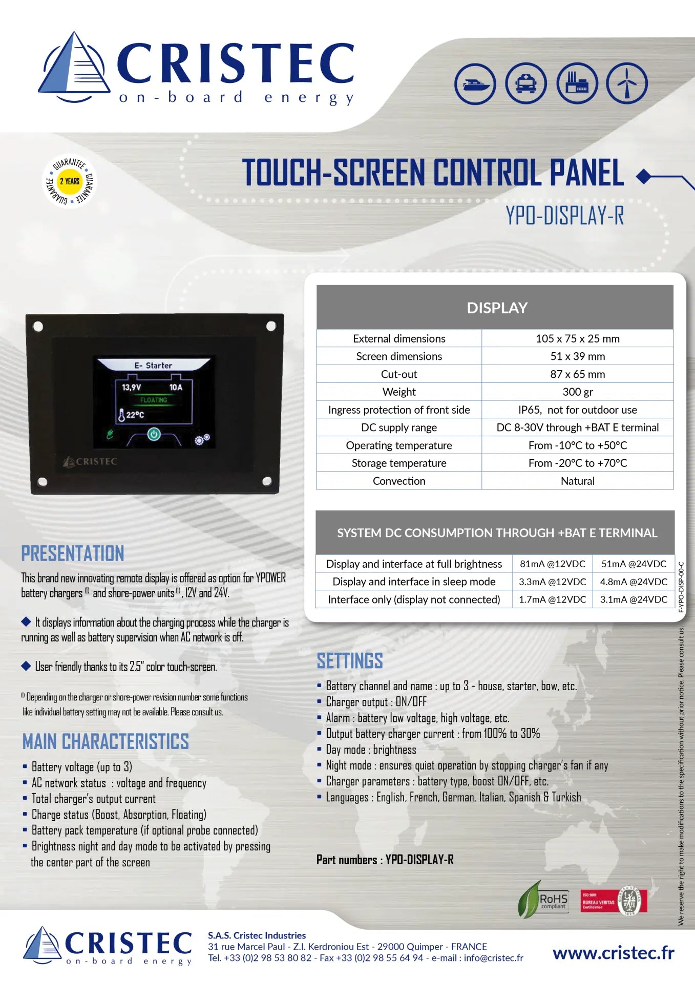 Dokunmatik Kontrol Ekranı 2.5'' - YPower Akü Şarj Cihazı İçin CRISTEC