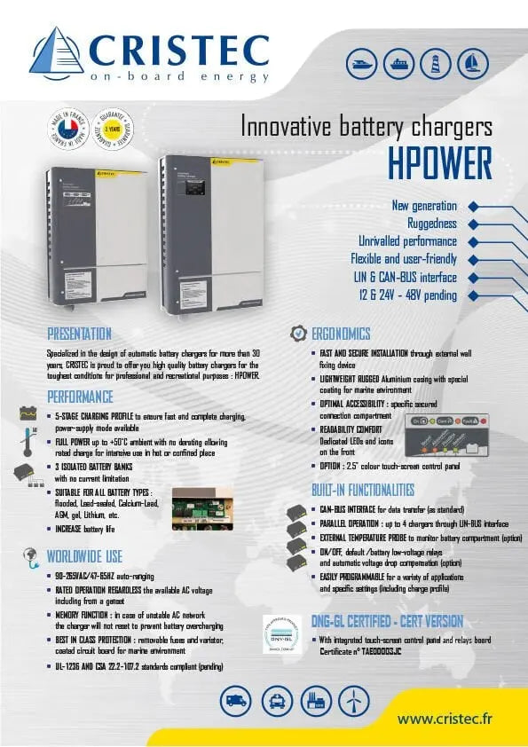 HPower Akü Şarj Cihazı 12V 90A | AC-DC Dönüştürücü  – 3 Çıkışlı, Fanlı, DNV-GL Sertifikalı CRISTEC