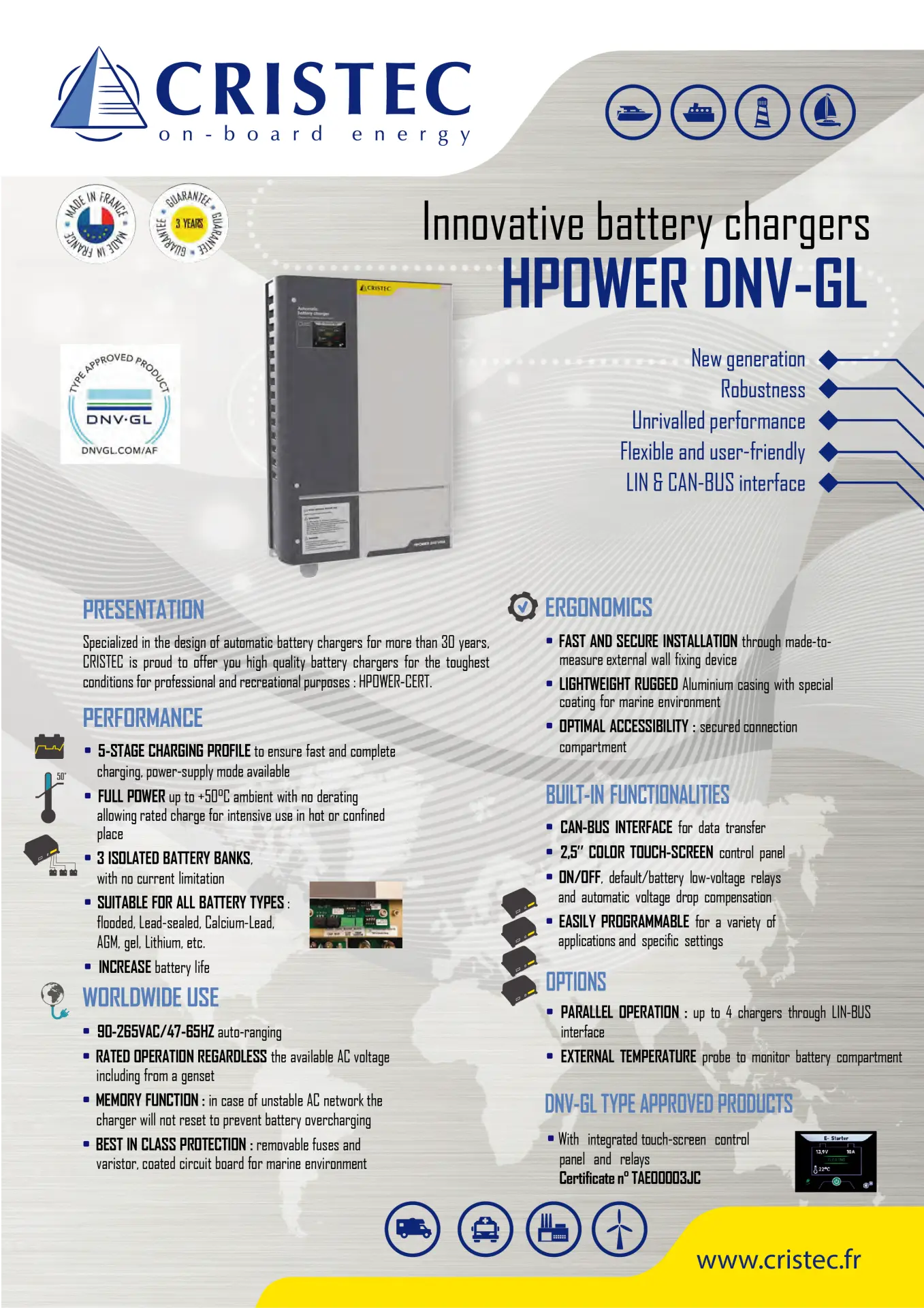 HPower Akü Şarj Cihazı 24V 80A | DC-DC Dönüştürücü – 3 Çıkışlı, Fanlı, DNV-GL Sertifikalı CRISTEC