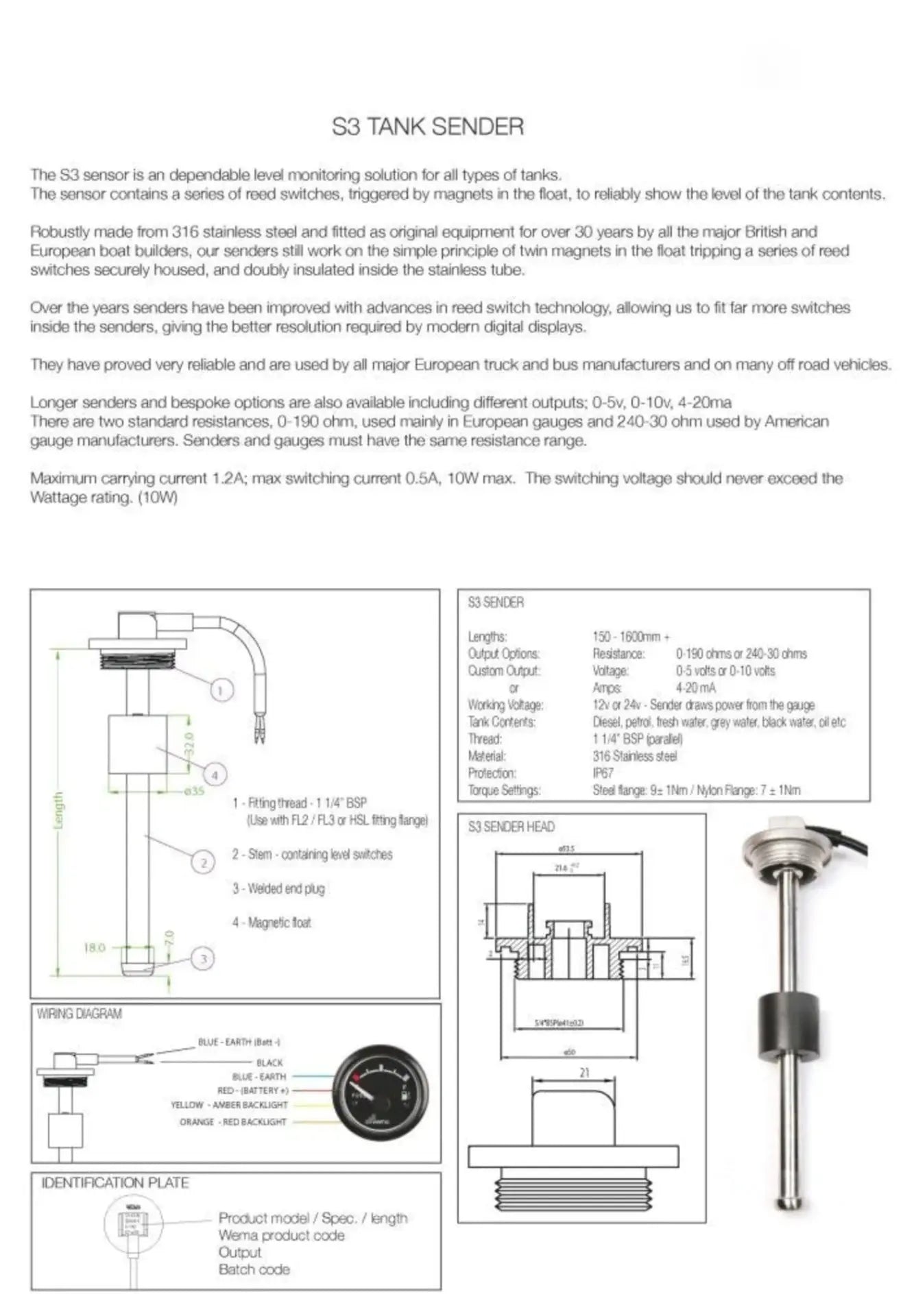 S3 YAKIT-SU SEVİYE SENSÖRÜ SS 150MM 0-190 ohm WEMA