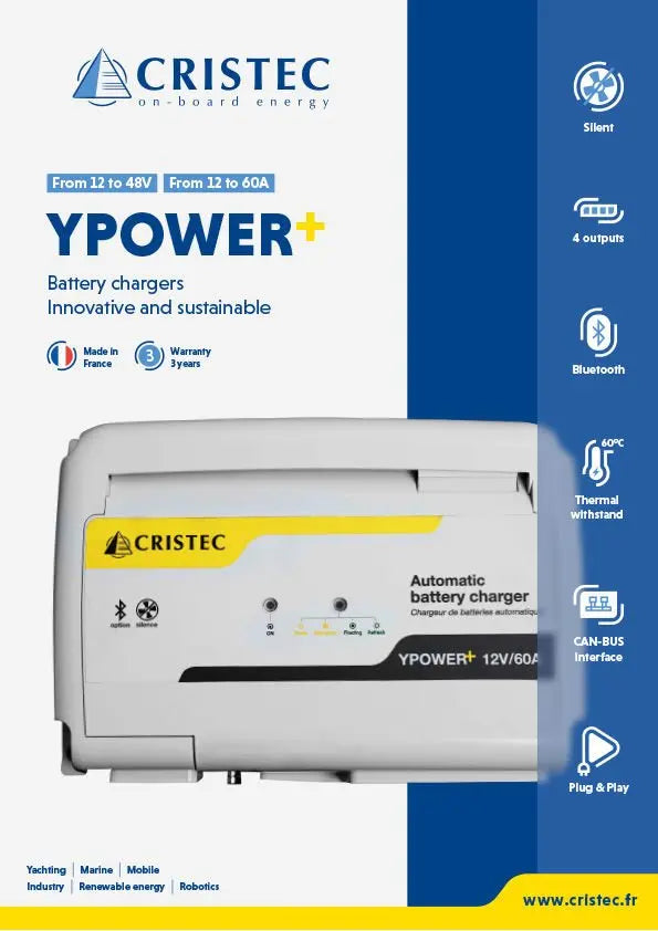 YPower Akü Şarj Cihazı 12V 40A | AC-DC Dönüştürücü – 4 Çıkışlı, Fansız, Bluetooth Bağlantılı Ücretsiz Uygulama ile CRISTEC
