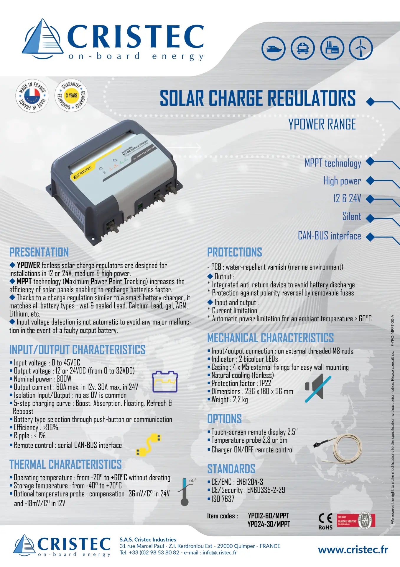 YPower Solar Şarj Regülatörü Mppt 24V 30A | Fansız CRISTEC