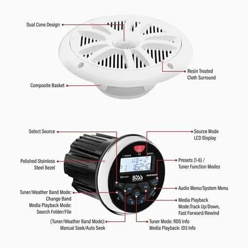 BOSS Audio Systems MCKGB350W.6 USB AUX Girişli Bluetoothlu Hoparlörlü Marin Teyp Seti BOSS Audio