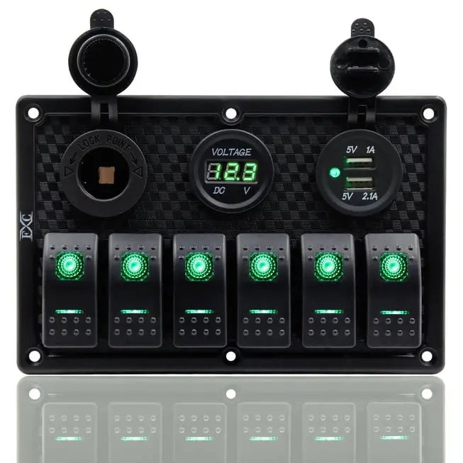 Bfy Switch Panel 6'lı Voltmetre +Çakmaklık+ Usb Yeşil Bfy