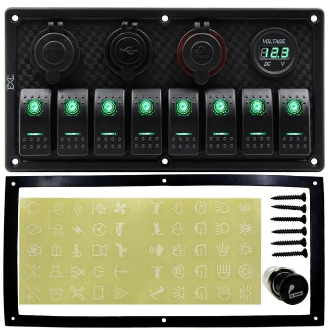 Bfy Switch Panel 8'li +Usb+Plastik Çakmaklık+ Çakmak+ Voltmetre Yeşil Bfy