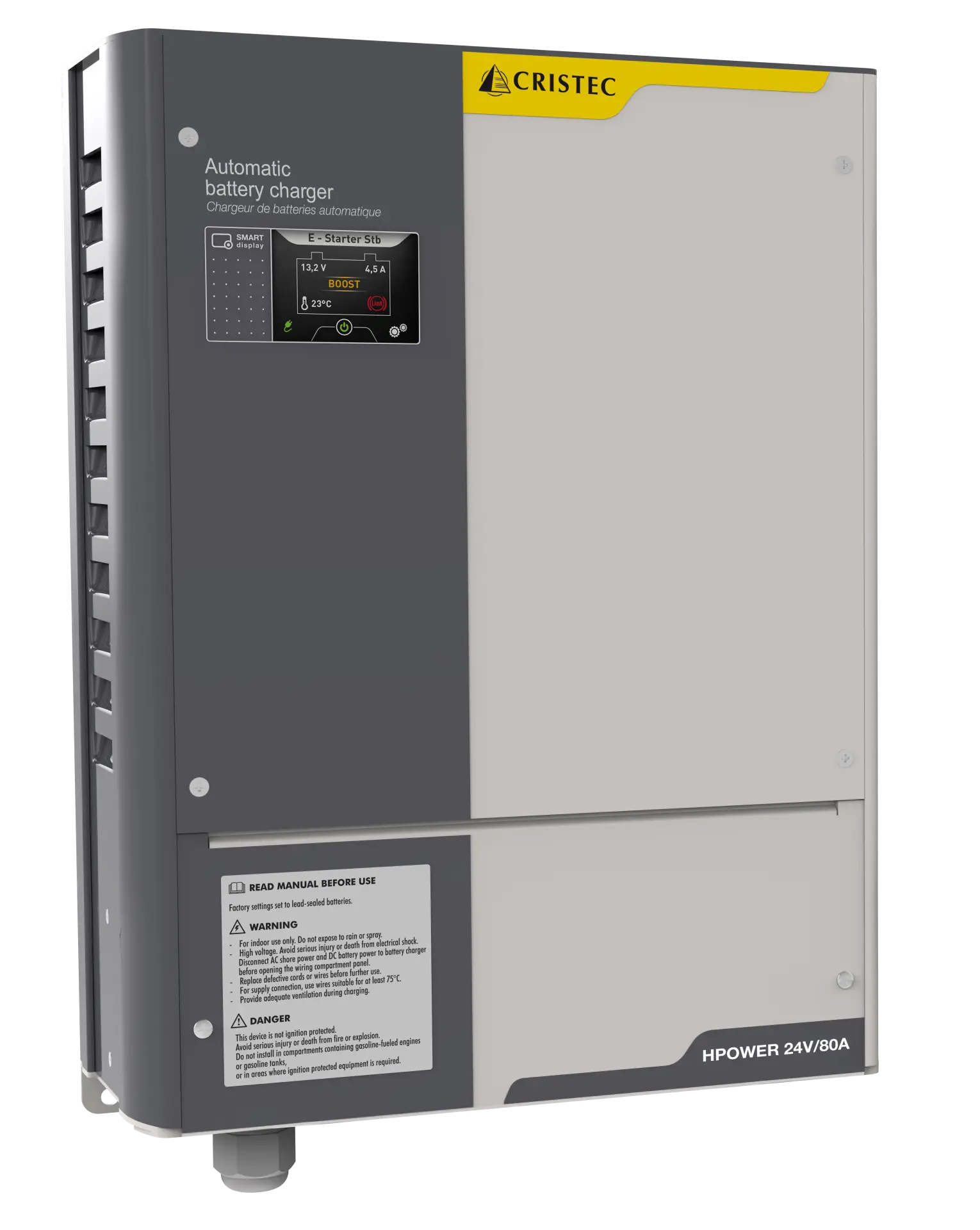 HPower Akü Şarj Cihazı 24V 80A | DC-DC Dönüştürücü – 3 Çıkışlı, Fanlı, DNV-GL Sertifikalı CRISTEC