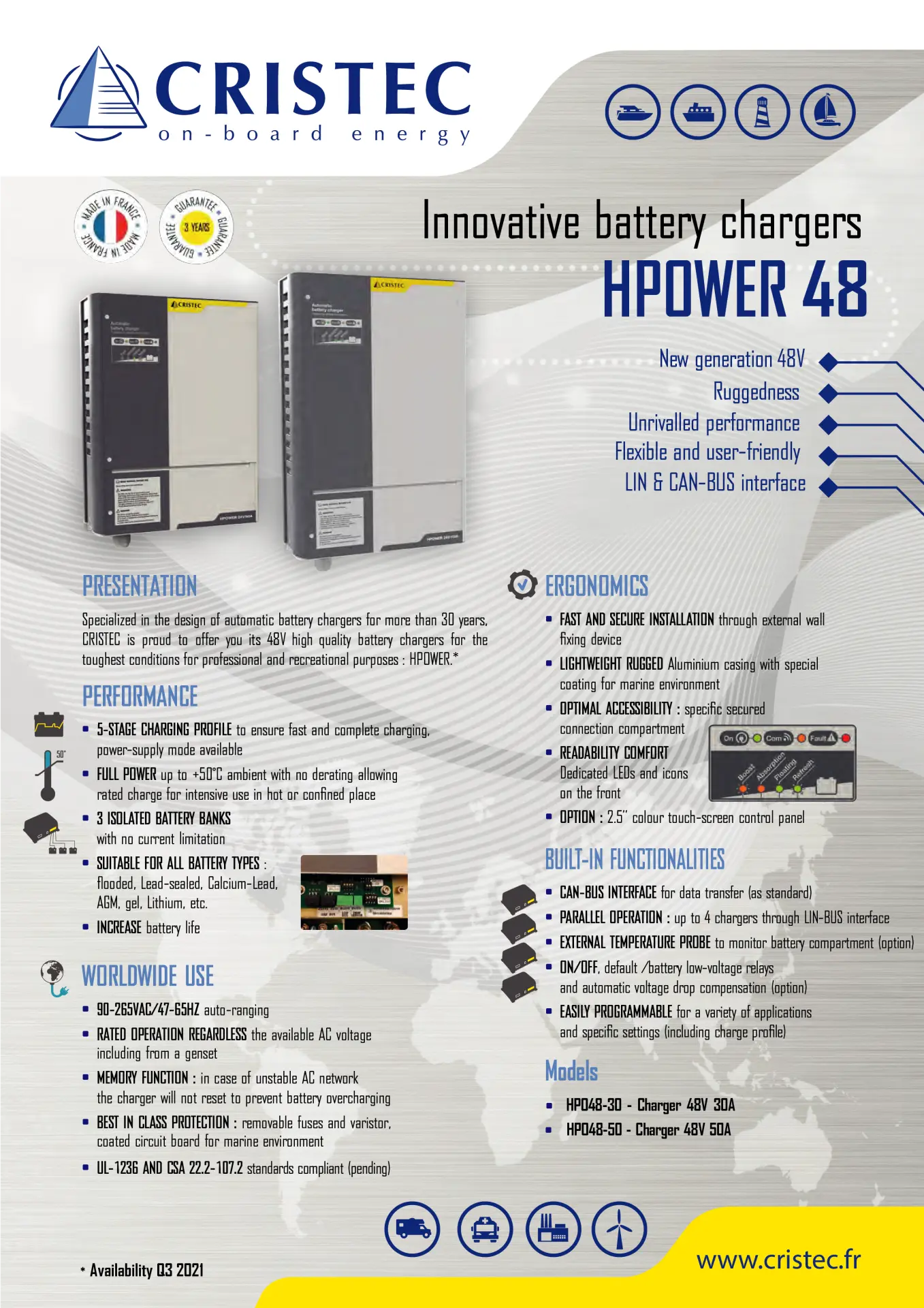 HPower Akü Şarj Cihazı 48V 30A  | AC-DC Dönüştürücü – 3 Çıkışlı, Fanlı CRISTEC