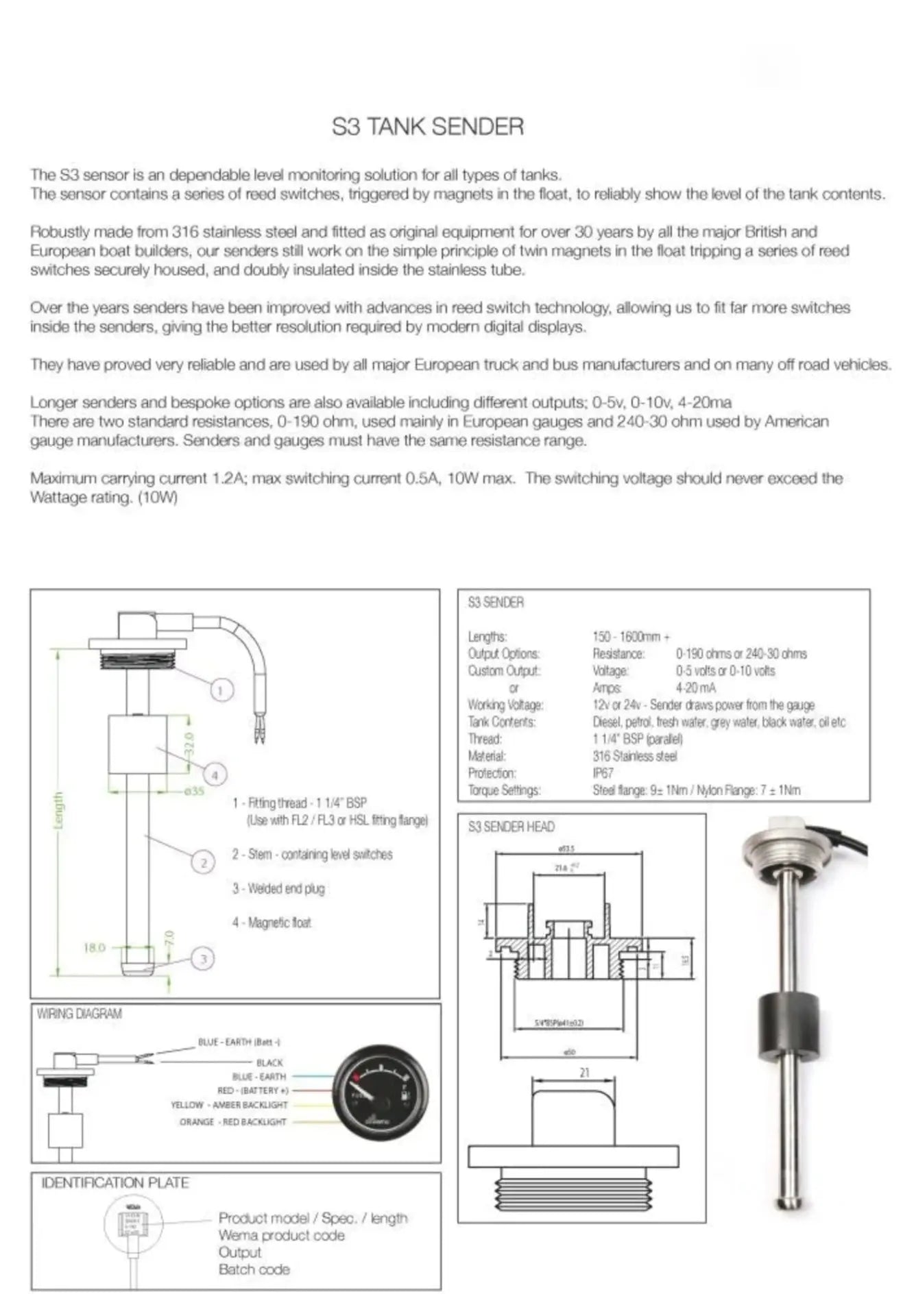 S3 YAKIT-SU SEVİYE SENSÖRÜ SS 1100MM 0-190 ohm WEMA