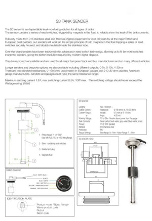 S3 YAKIT-SU SEVİYE SENSÖRÜ SS 1200MM 0-190 ohm WEMA