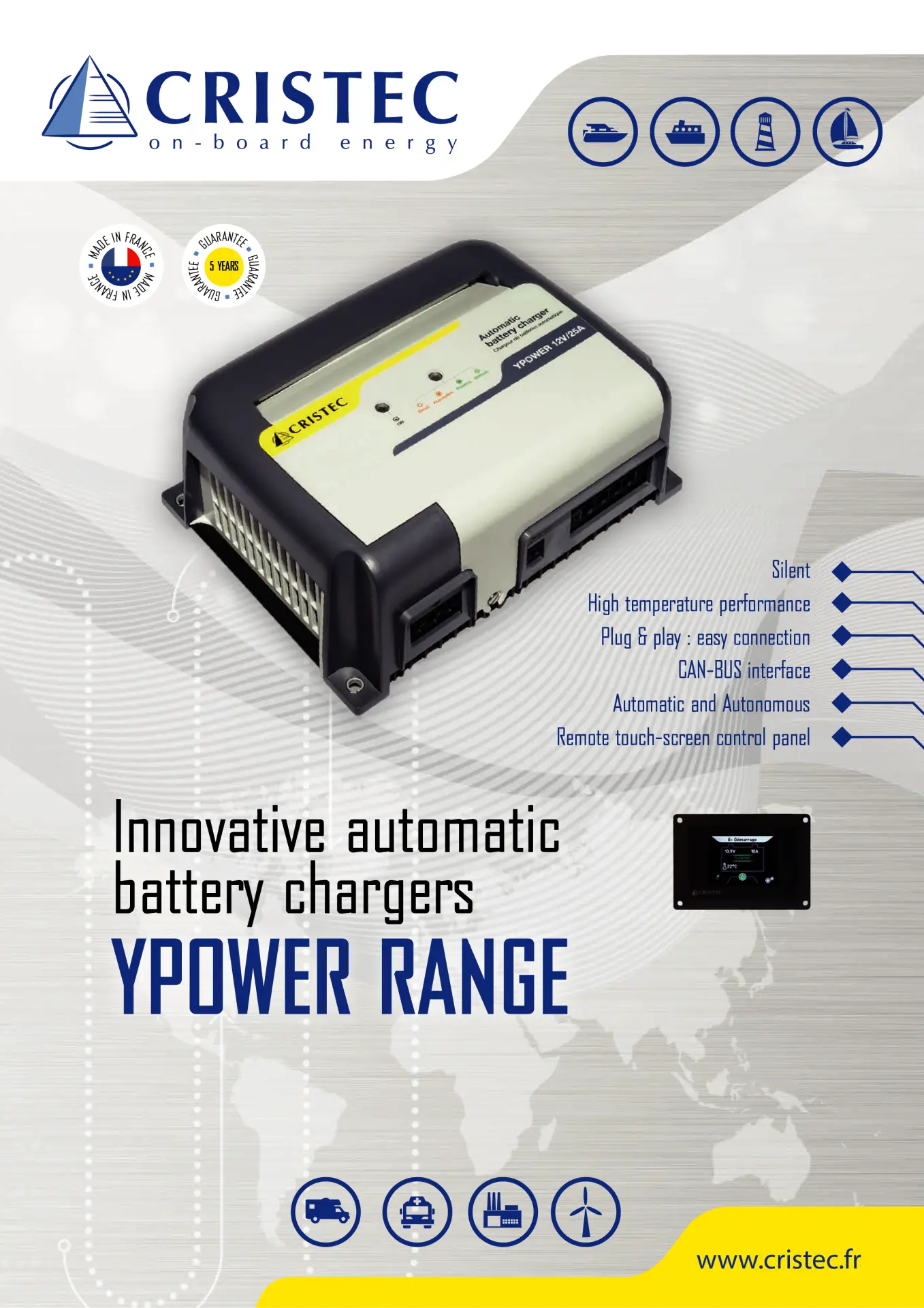 YPower Akü Şarj Cihazı 12V 25A | AC-DC Dönüştürücü – 3 Çıkışlı, Fansız CRISTEC