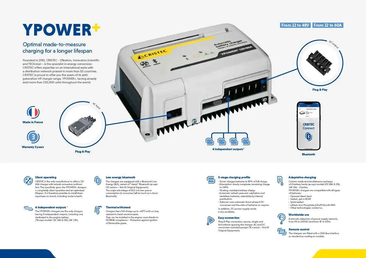 YPower Akü Şarj Cihazı 12V 60A | AC-DC Dönüştürücü – 4 Çıkışlı, Fansız, Bluetooth Bağlantılı Ücretsiz Uygulama ile CRISTEC