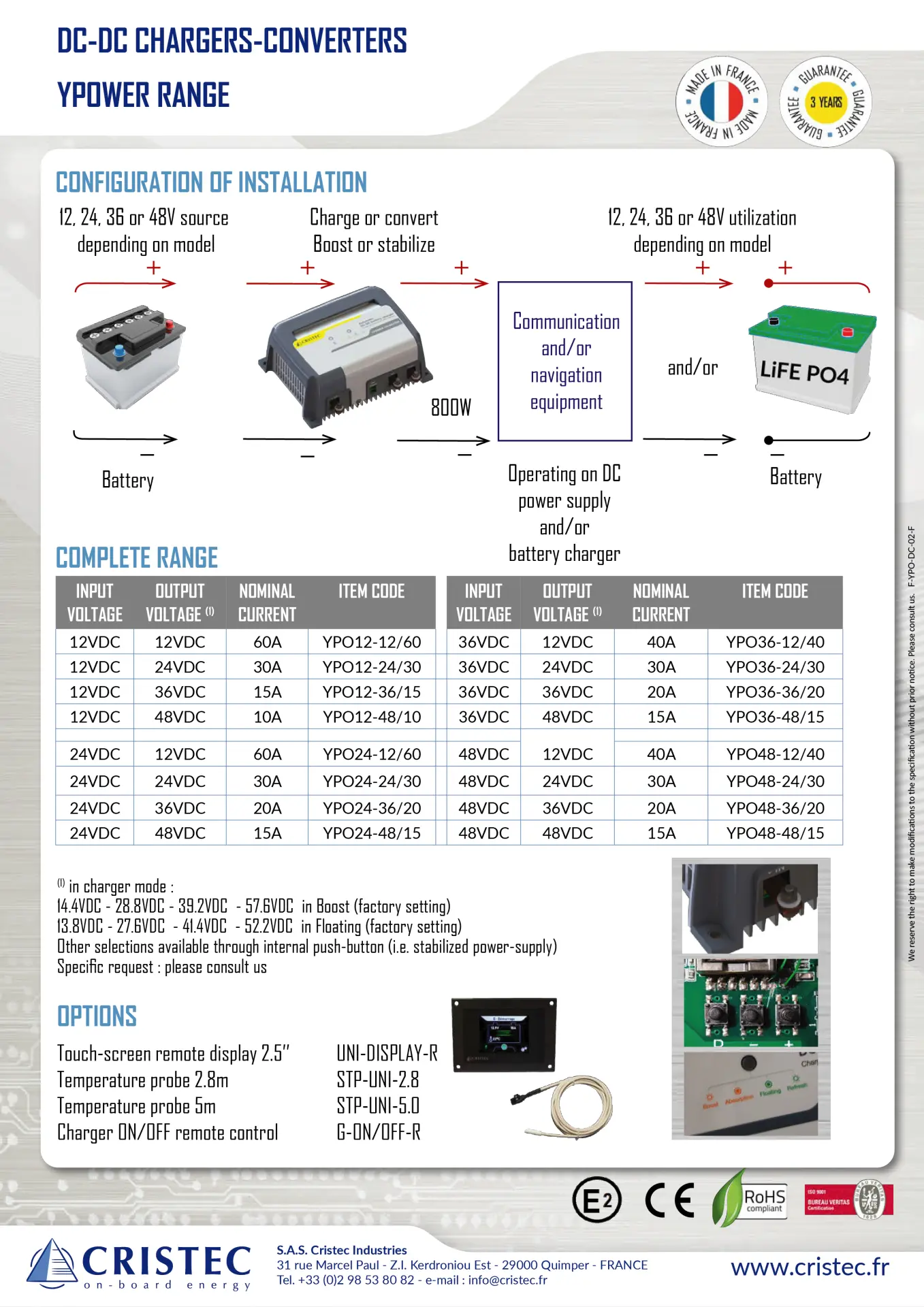 YPower Akü Şarj Cihazı 24V-36V 20A | DC-DC Dönüştürücü – Tek Çıkış, Fansız CRISTEC