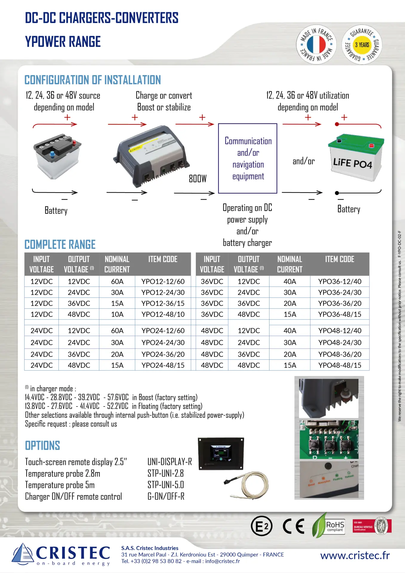 YPower Akü Şarj Cihazı 36V-24V 30A | DC-DC Dönüştürücü – Tek Çıkış, Fansız CRISTEC