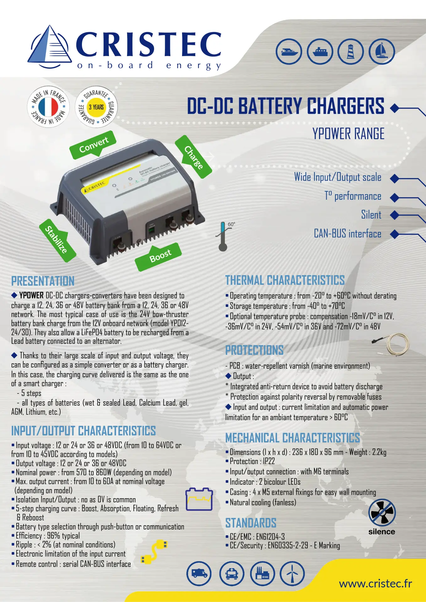 YPower Akü Şarj Cihazı 36V-36V 20A | DC-DC Dönüştürücü – Tek Çıkış, Fansız CRISTEC