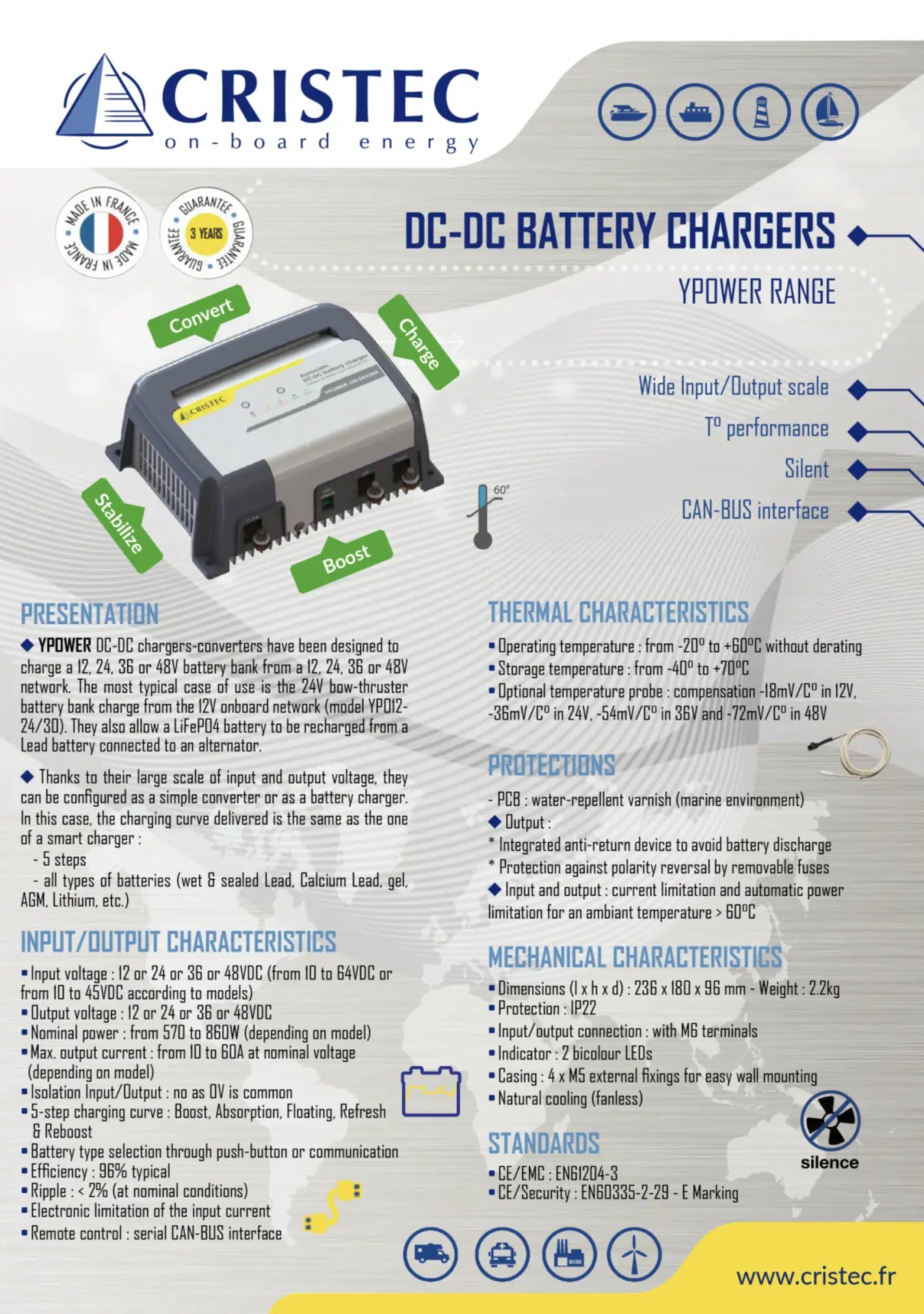 YPower Akü Şarj Cihazı 48V-48V 30A | DC-DC Dönüştürücü Konvertör – Tek Çıkış, Fansız CRISTEC
